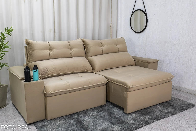 Sofá Retrátil Reclinável 2.50m Austrália Veludo Bege E-18 - Espuma D33 - Móveis furniture