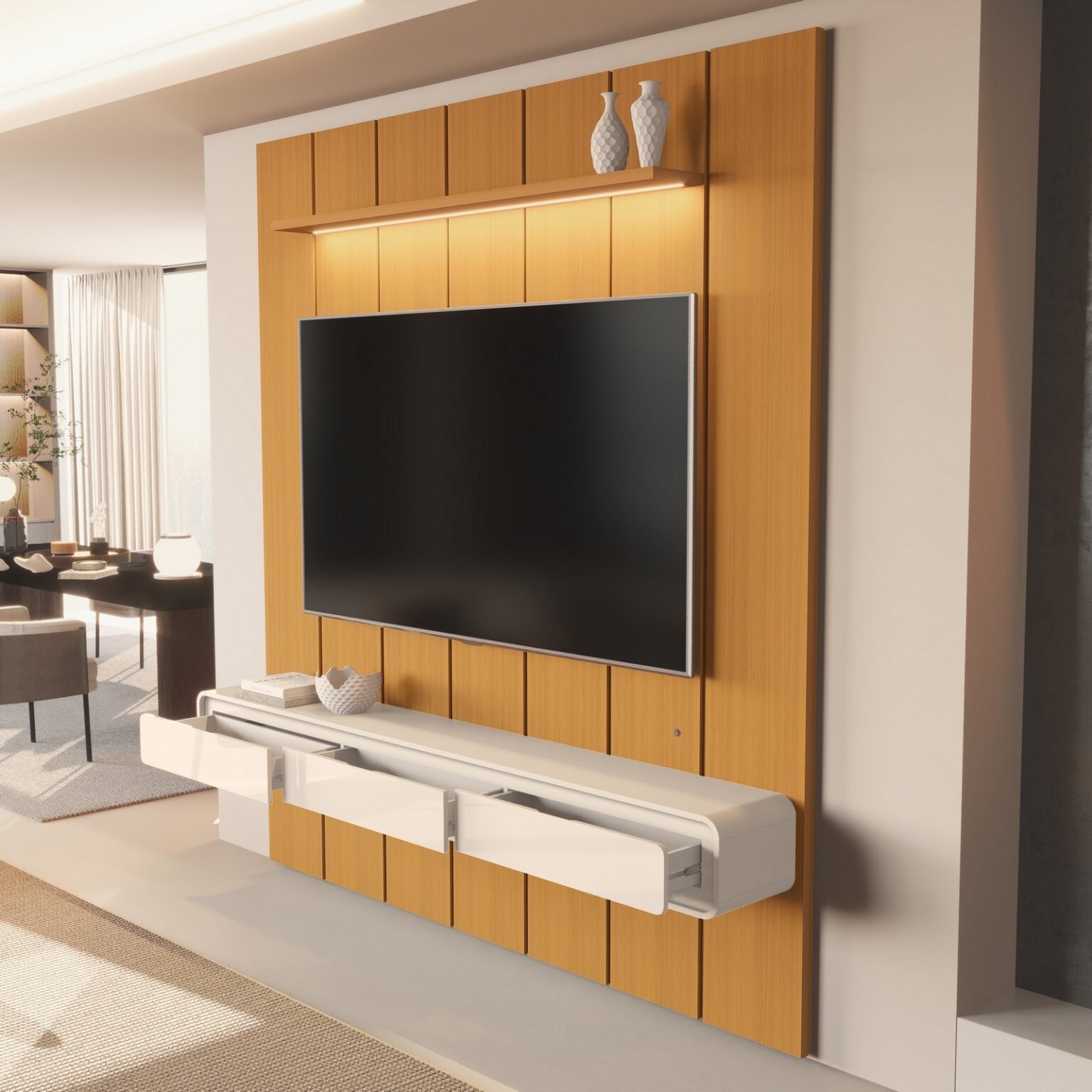 Painel até 75″ Lumi 2,19 m Cedro + Nicho Liv 2,18 m Off White – EDN MÓVEIS