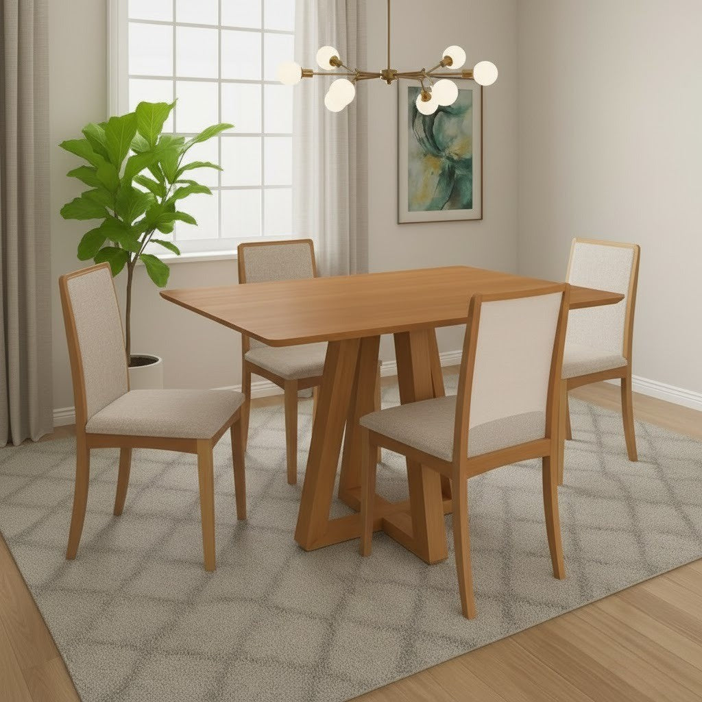 Mesa Alva ME02 120 Canela com 4 Cadeiras Lara 2CMM007CA Linho Areia – KAPPESBERG