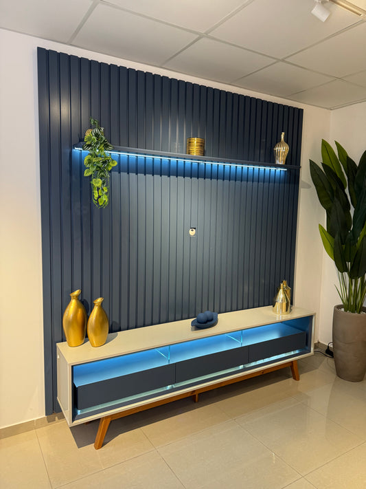 Conjunto Painel Nobre 230 Azul Royal e Rack Requinte 212 Pes Vidro Off White Azul Royal Gelius