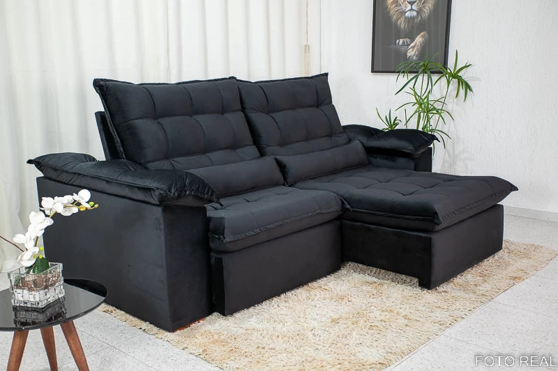 Sofá Retrátil Reclinável 2.90m Emanuelly Veludo Preto - Móveis furniture