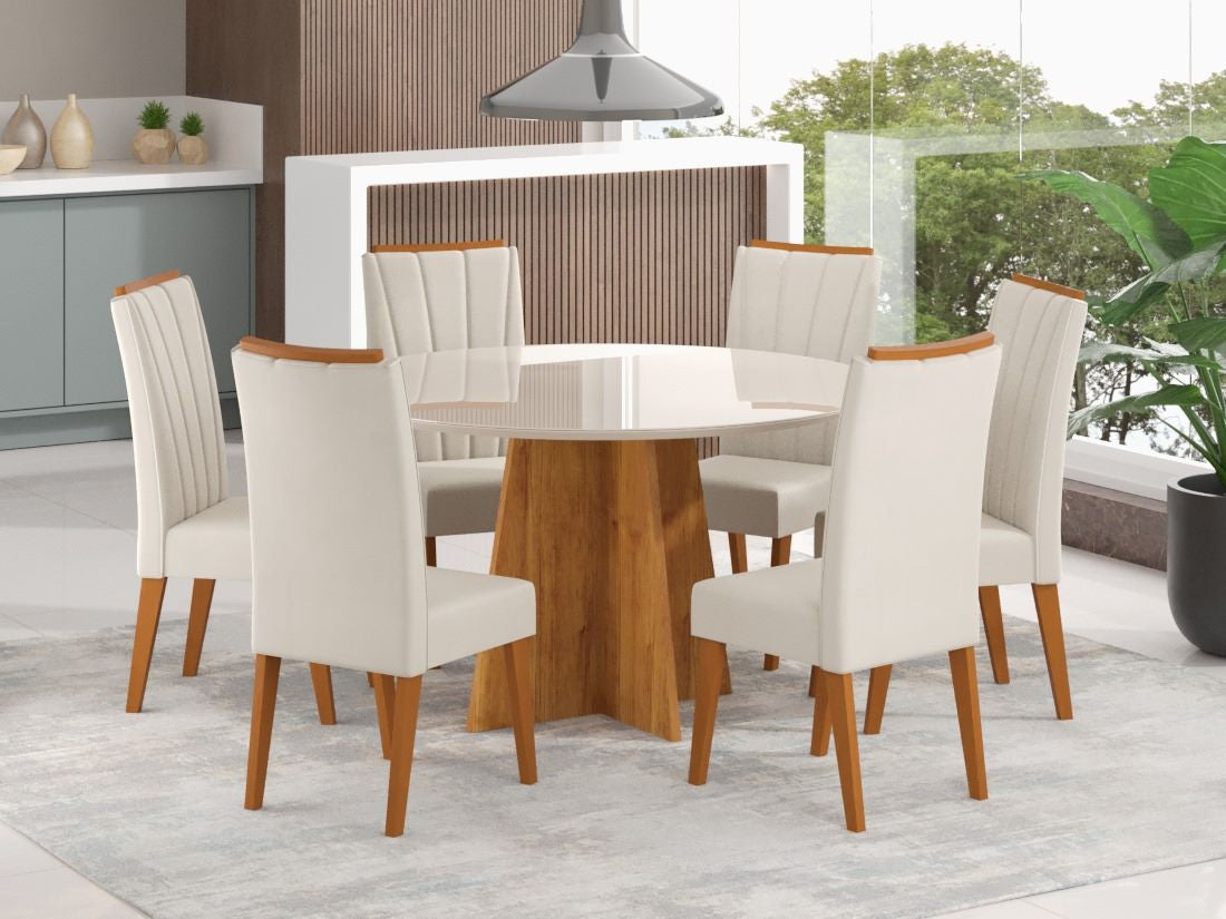 Sala Daila.Nicole 135 Mel Blonde.Off White com 6 Cadeiras Sarifa Mel Blonde Veludo Marfim Viero - Móveis furniture