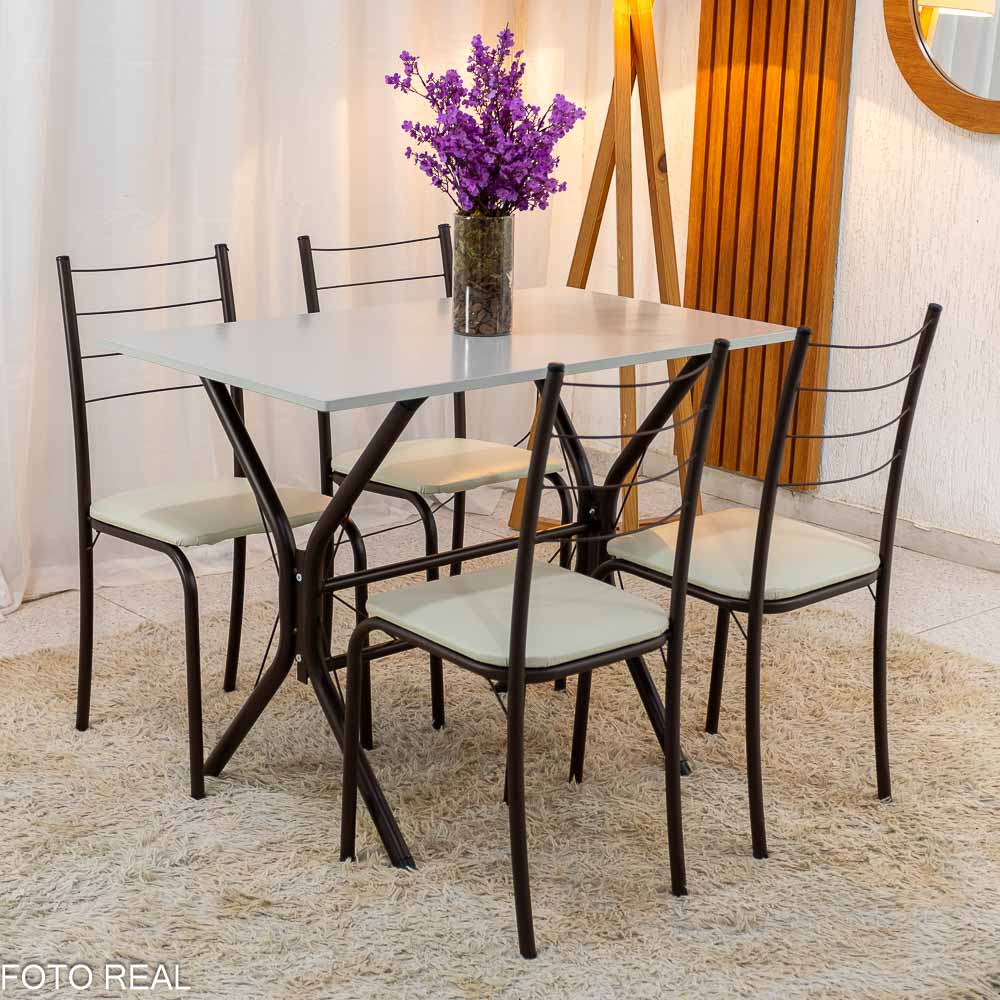 Mesa Rio Base Cabo Frio Marrom Tampo Pedra Off 100x60 4 Cadeiras Assento Creme - Teixeira