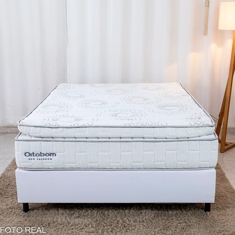 Box Casal Korino Branco Ortobel + Colchão Casal New Freedom 138x188x69 Molas Ensacadas Pocket Espuma Viscoelástica D33 - Ortobom | Suporta até 300kg