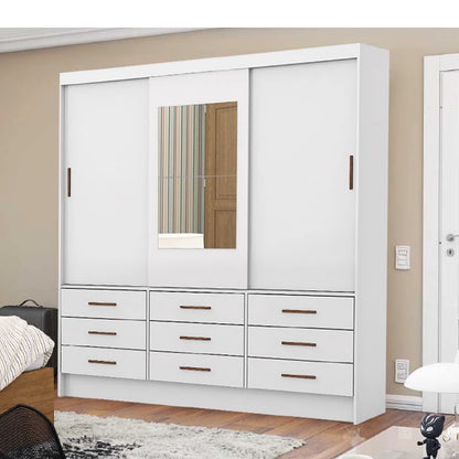 Roupeiro Sevilha 3 Portas 9 Gavetas C/Espelho Larg. 1.62m Branco - Móveis furniture