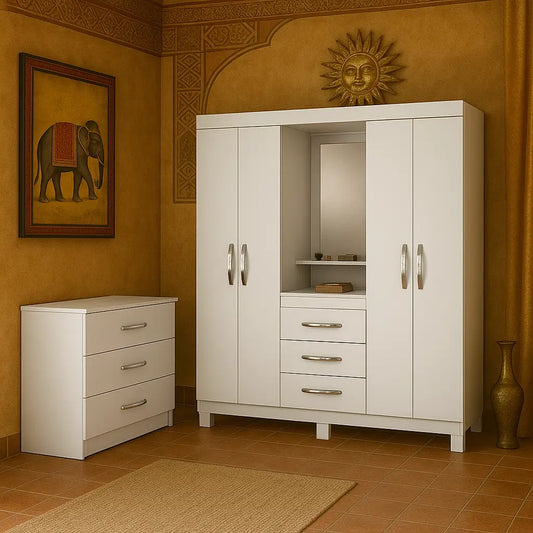 Guarda Roupa Capelinha Lord Solteiro com Espelho 4 Portas 3 Gavetas Demobile BRANCO FLEX