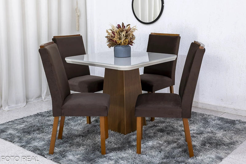 Mesa Jantar Luna Imbuia Tampo Vidro Off Canto Copo 90×90 4 Cadeiras Lunara Veludo Marrom Madeira Maciça Rufato - Móveis furniture