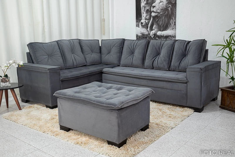 Sofá Canto 5 lugares com Puff Alemanha Veludo Grafite A15 - Móveis furniture