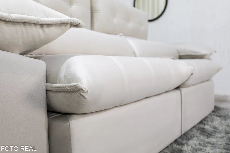 Sofá Retrátil Reclinável 2.50m Lenon Veludo Bege- D28 Soft e Molas Ensacadas - Móveis furniture
