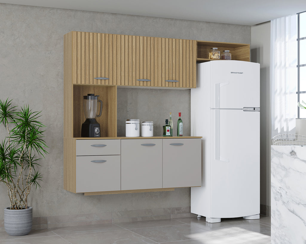 Cozinha Suspensa com Balcao Isis 180 Damasco Ripado 3D.Off White