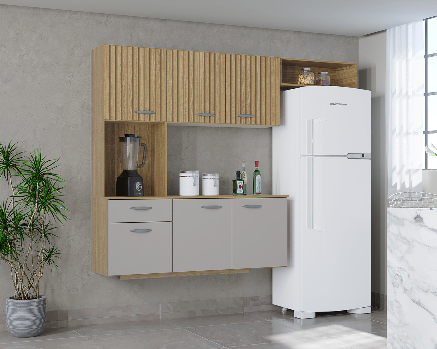 Cozinha Suspensa com Balcao Isis 180 Damasco Ripado 3D.Off White