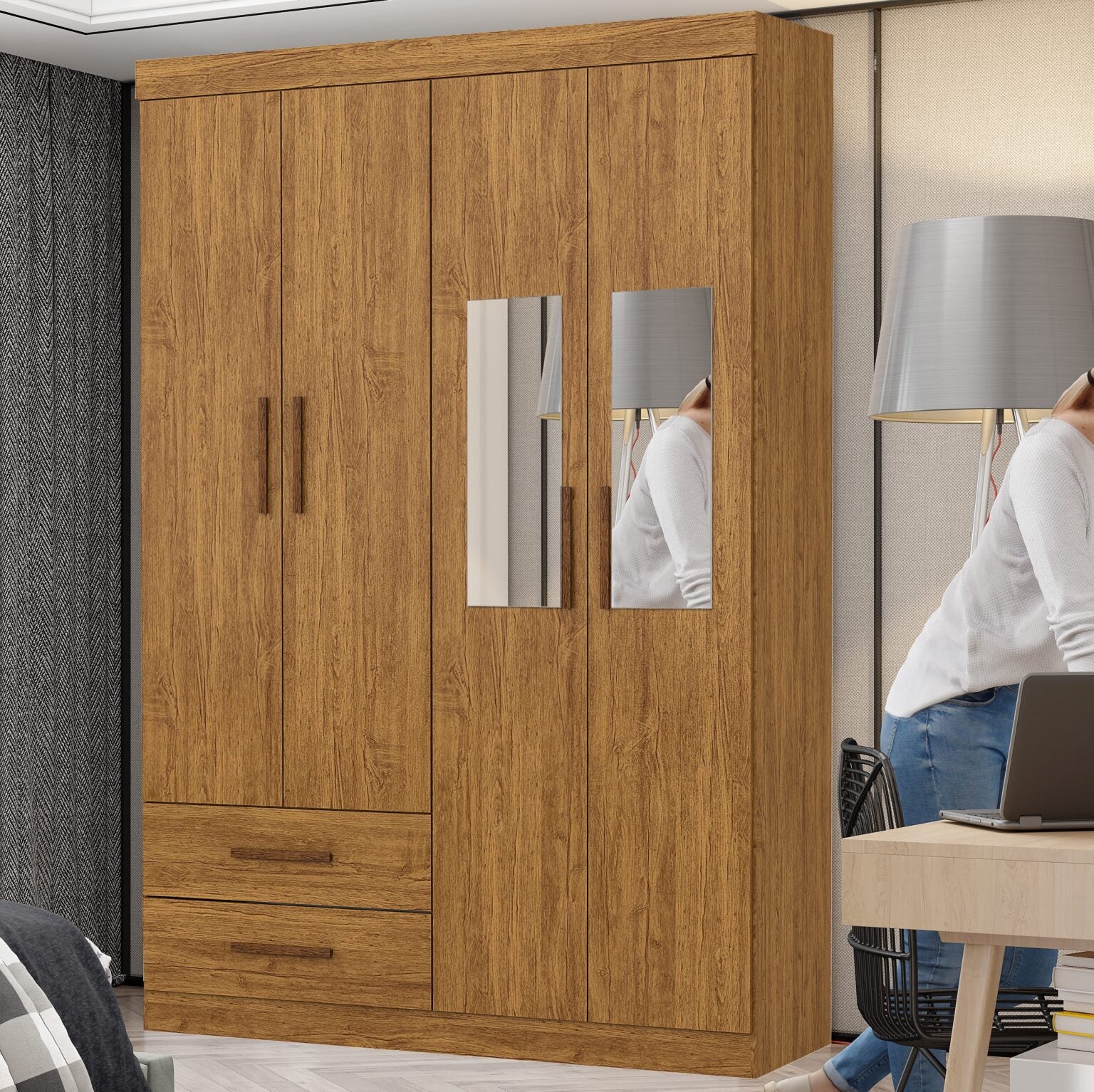 Guarda-Roupa Hércules c/ espelho 4 portas e 2 gavetas – Cinamomo - Móveis furniture