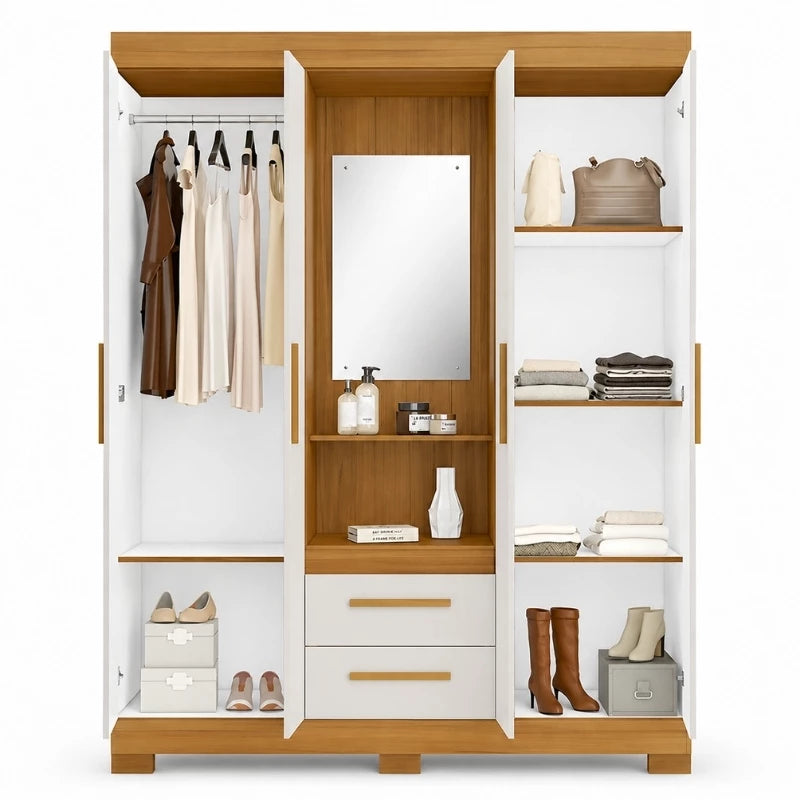 Guarda-Roupa NT 6055 4 portas 3 Gavetas Freijó/Off C/Pés Larg. 1.38m - Notável