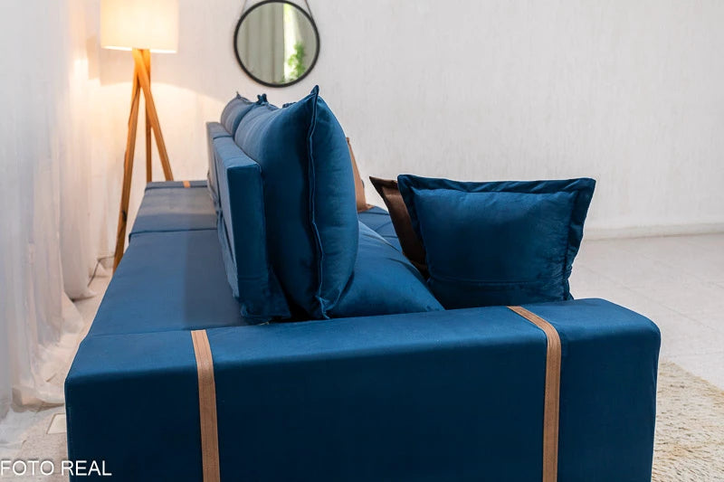 Sofá Retrátil Reclinável Gran Bello Veludo Azul Larg. 2.90m - D33 e Molas Ensacadas