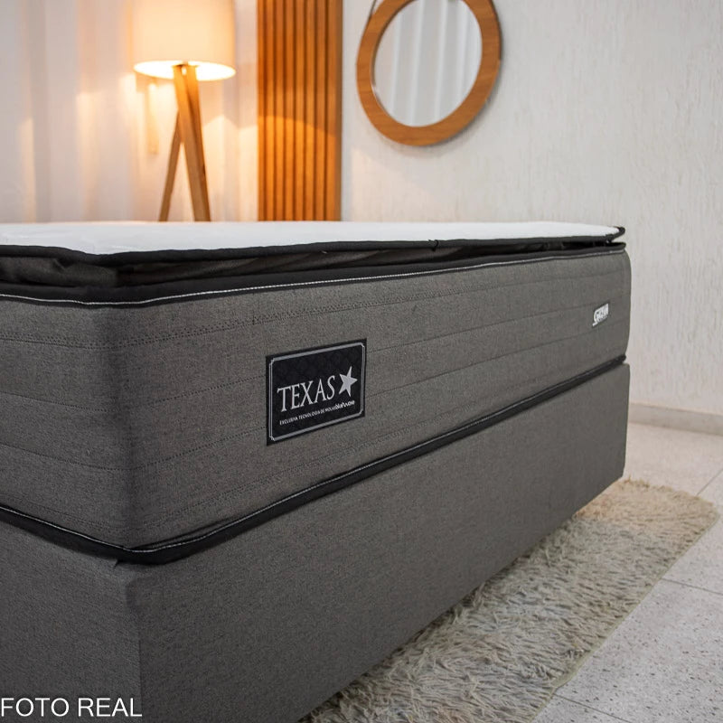 Box Casal Universal Linho Grafite + Colchão Casal Texas 138x188x69 Molas BlueWave - Gazin