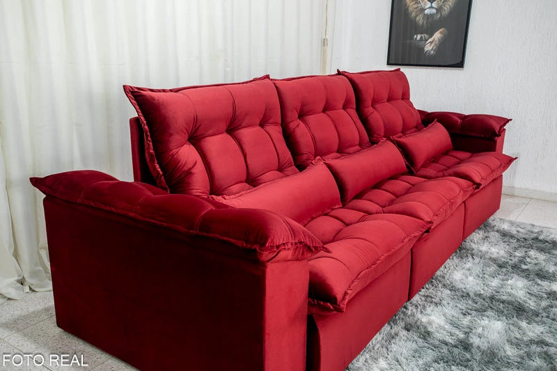 Sofá Retrátil Reclinável Kapri 3.20 Veludo Bordô 534 - Molas Bonnel e Poliéster Siliconado - Móveis furniture