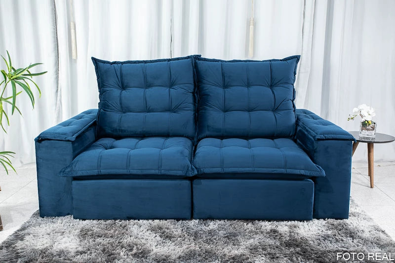 Sofá Retrátil Reclinável Atenas 2.10m Veludo Azul 800 D33 e Molas Ensacadas - Móveis furniture