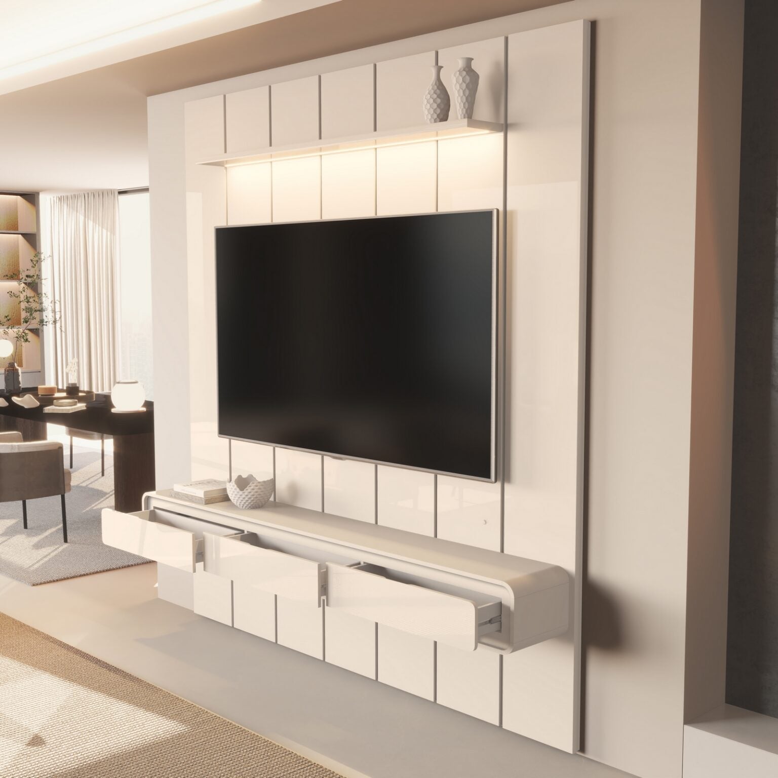 Painel até 75″ Lumi 2,19 m Off White + Nicho Liv 2,18 m Off White – EDN MÓVEIS