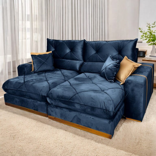 Sofá Retrátil e Reclinável Gran Bello 2,50 m Veludo Azul – IMPÉRIO DECOR