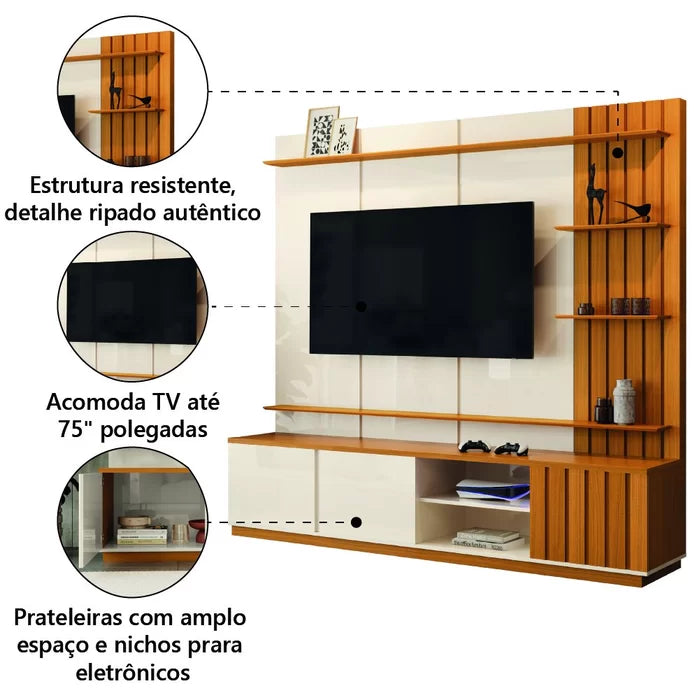 Estante Home Para Tv Até 70 Polegadas 3 Portas 218cm Ripado Reno Edn Móveis