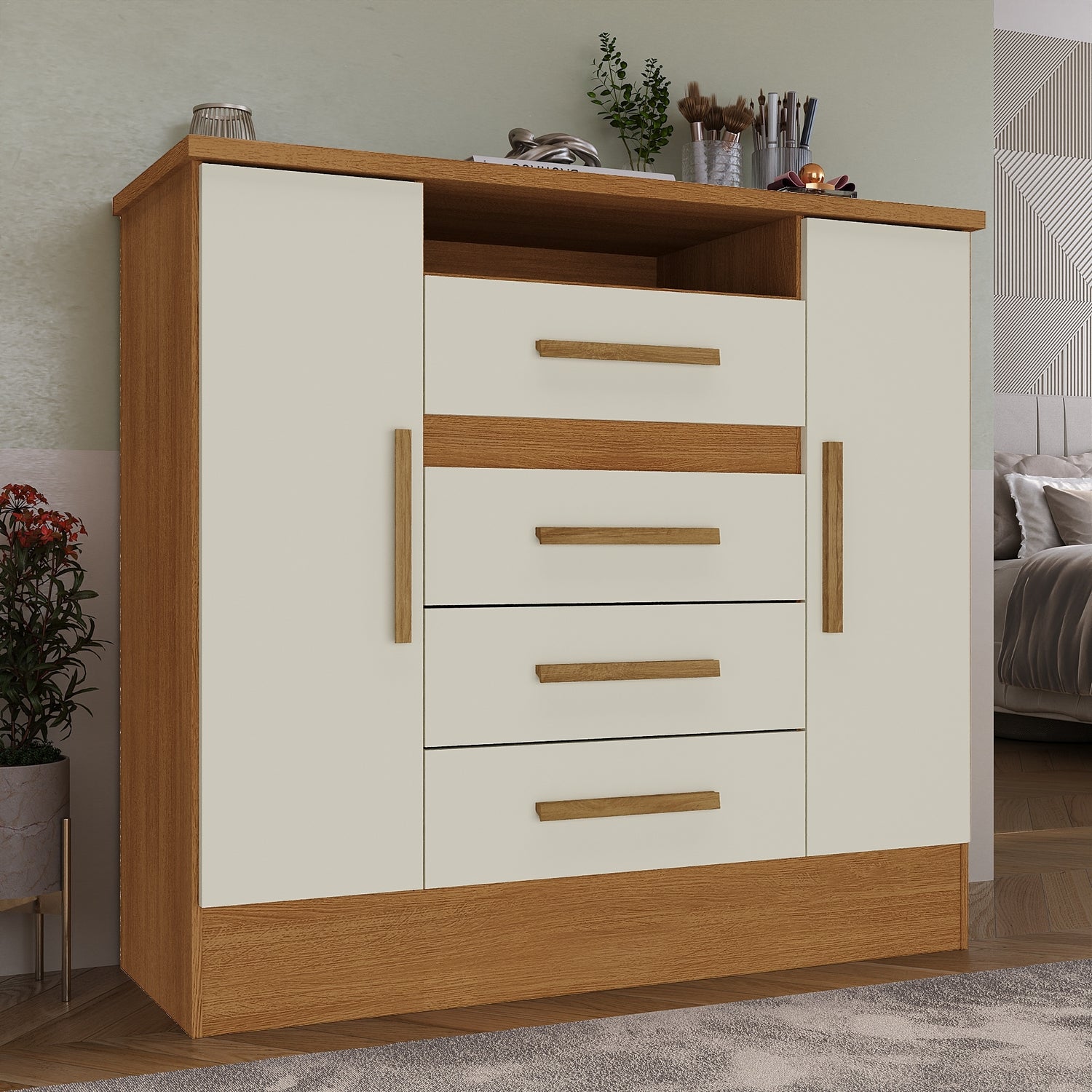 Cômoda 4 Gavetas e 2 Sapateiras Laguna 51CO2430 Cinamomo/Off White – RODIAL MÓVEIS