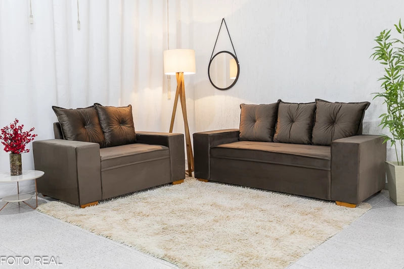Sofá 3 e 2 lugares Aracaju Veludo Marrom - Móveis furniture