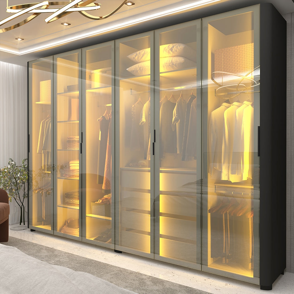 Roupeiro Innova 6 Portas de Vidro Reflecta com LED e Pes Preto Acetinado Gelius - Móveis furniture