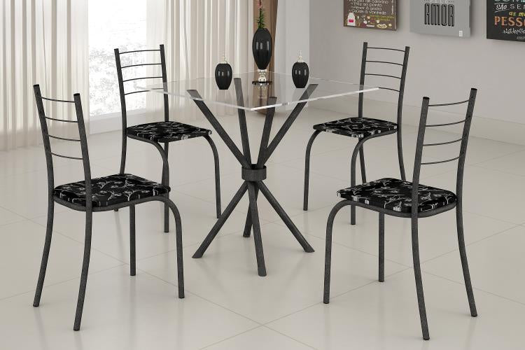 Conjunto Mesa Rio 70x70 Martelado Tmp Vidro Quadrado com 4 Cds Martelado.Lirio Preto Teixeira