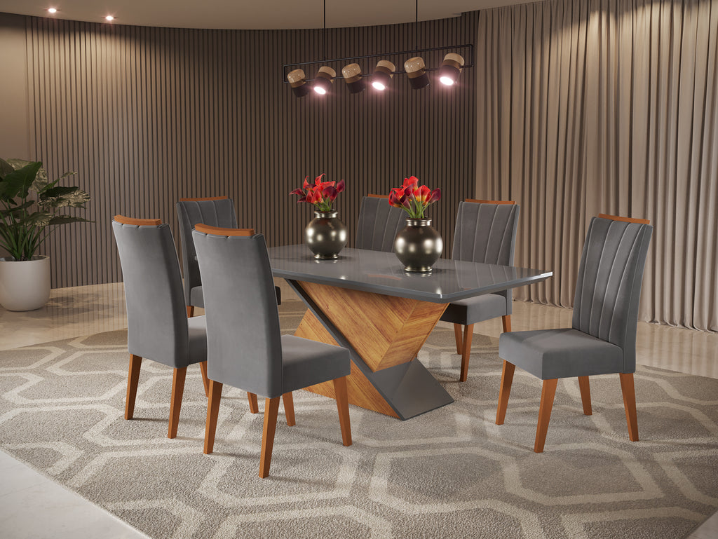 Sala Aurea 180x90 com 6 Cadeiras Safira Mel.Grafite Veludo Grafite Viero - Móveis furniture