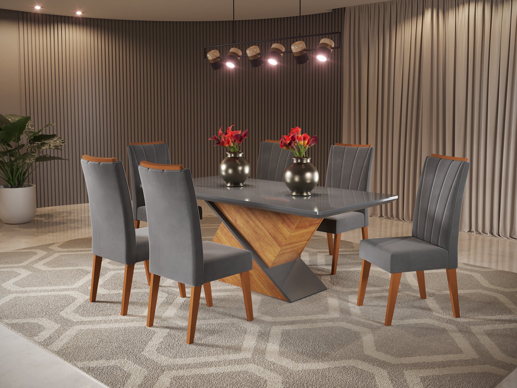 Sala Aurea 180x90 com 6 Cadeiras Safira Mel.Grafite Veludo Grafite Viero - Móveis furniture