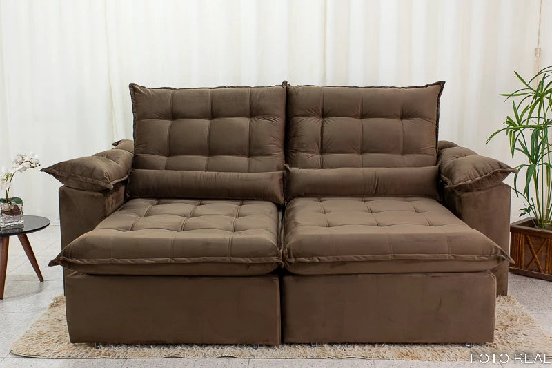 Sofá Retrátil Reclinável 2.00m Emanuelly Veludo Marrom - Móveis furniture