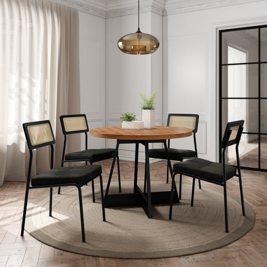 Mesa Átria 1594 Redonda 100 Preto/Nogal com 4 Cadeiras Lux 1741 Preto/Linho Grafite/Corino Preto – CARRARO MÓVEIS
