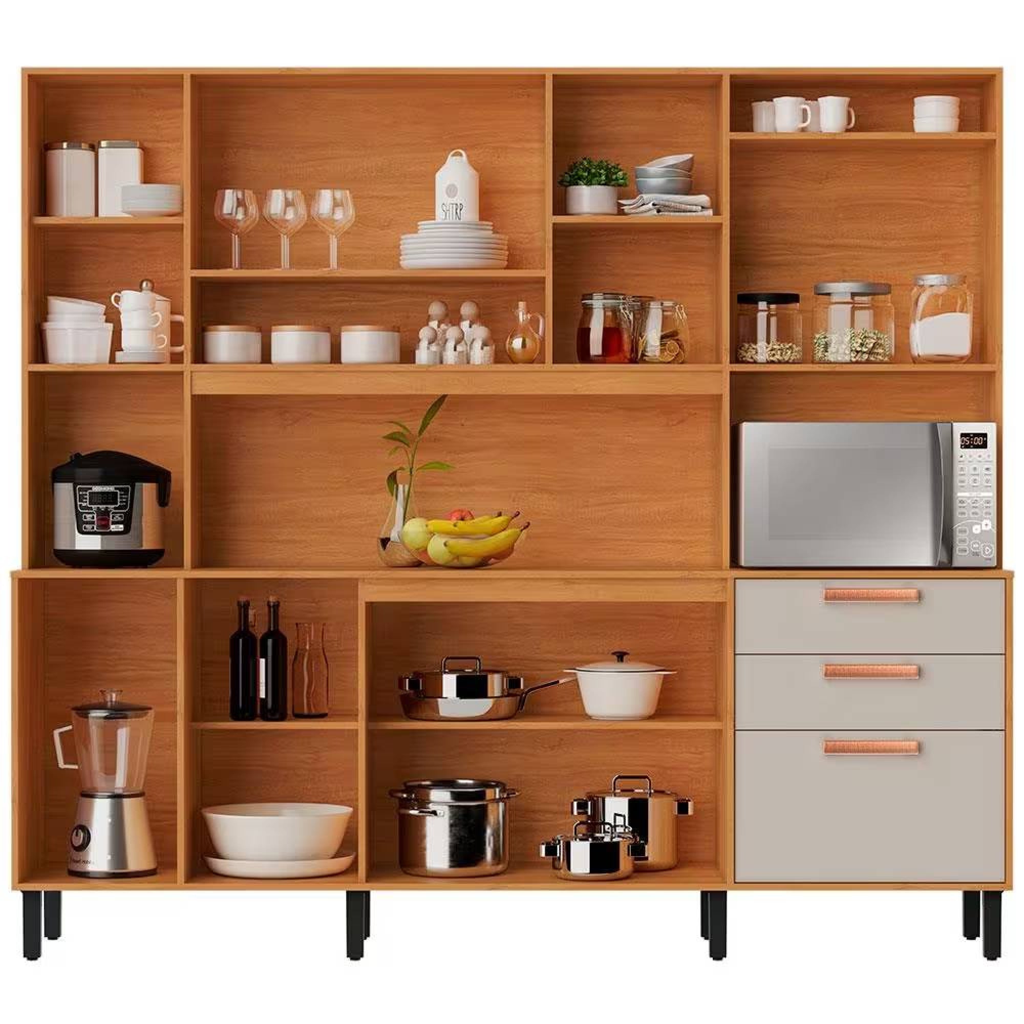 Kit Cozinha Compacta Napoles c/ 8 Portas 3 Gavetas 9 Prateleiras- Cinamomo/Off White - Móveis furniture