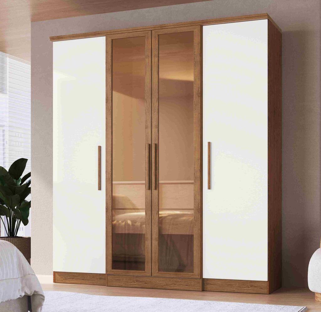 Roupeiro Genebra 4P2G, sendo 2 Portas com Vidro Reflecta Off White.Nogueira Doripel