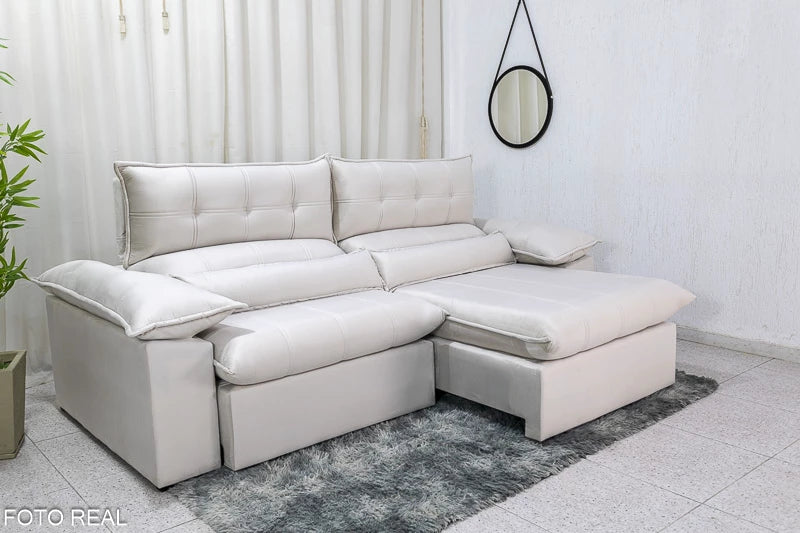 Sofá Retrátil Reclinável 2.50m Lenon Veludo Bege- D28 Soft e Molas Ensacadas - Móveis furniture