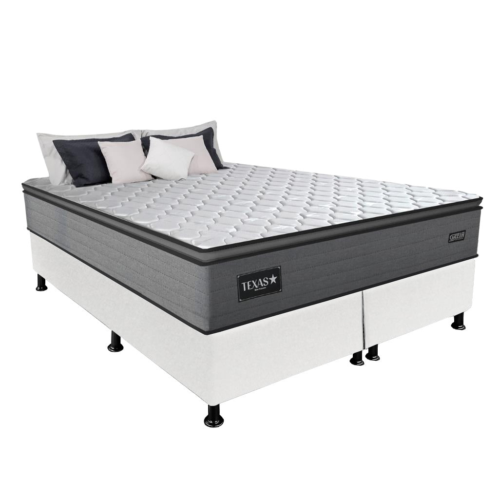 Colchão Queen Texas D28 + Base Box Simples Corino Branco – GAZIN COLCHÕES + ALTO NÍVEL CAMAS E COLCHÕES
