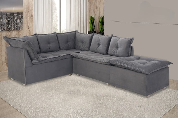 SOFA DE CANTO TURIM 2 MOD+1PUFF CINZA LISO – Móveis furniture