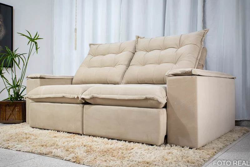 Sofá Retrátil Reclinável Atenas 2.10m Veludo Bege 818 D33 e Molas Ensacadas - Móveis furniture