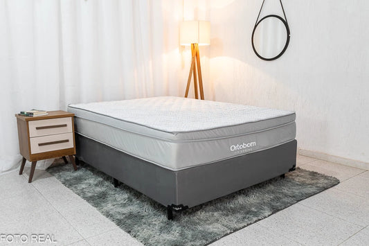Base Box Casal Veludo Cinza Portobel + Colchão Casal Fit Spring 138x188x61 Molas Superlastic Ortobom - Móveis furniture