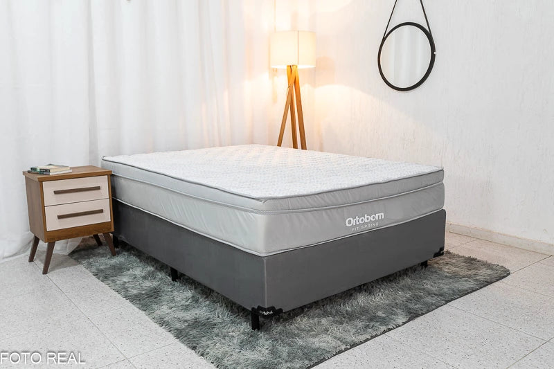 Base Box Casal Veludo Cinza Portobel + Colchão Casal Fit Spring 138x188x61 Molas Superlastic Ortobom - Móveis furniture
