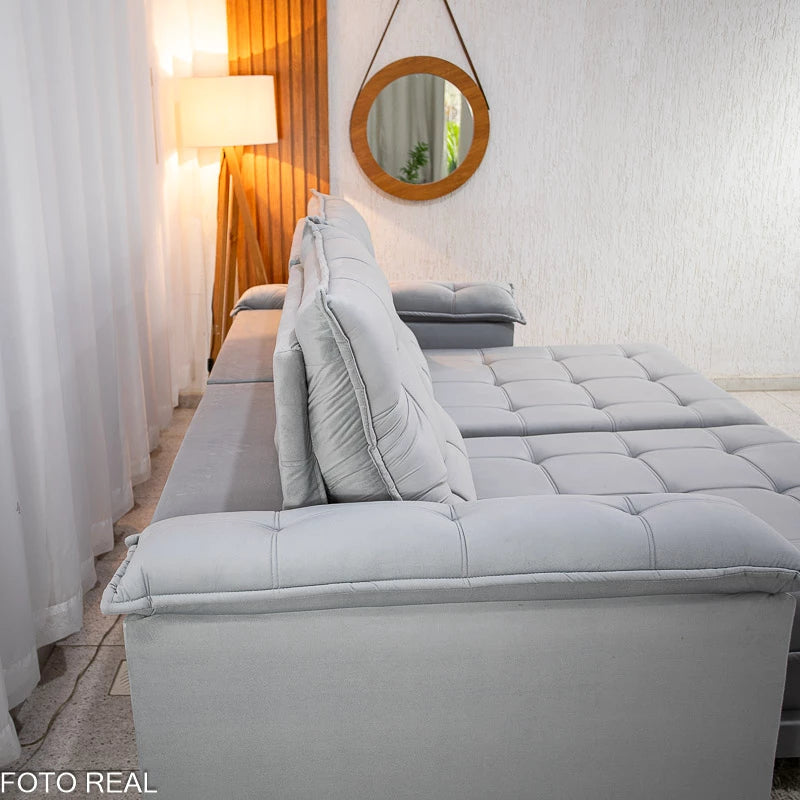 Sofá Retrátil Reclinável Barcelona 2.30m Veludo Prata  - D33 e Molas Ensacadas