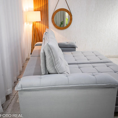 Sofá Retrátil Reclinável Barcelona 2.30m Veludo Prata  - D33 e Molas Ensacadas