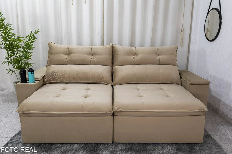 Sofá Retrátil Reclinável 2.50m Austrália Veludo Bege E-18 - Espuma D33 - Móveis furniture