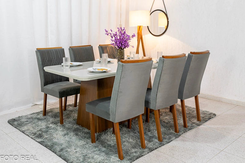 Mesa Jantar Luna Imbuia Tampo Vidro Off Canto Copo 180×90 6 Cadeiras Alegra Veludo Grafite Madeira Maciça Rufato - Móveis furniture