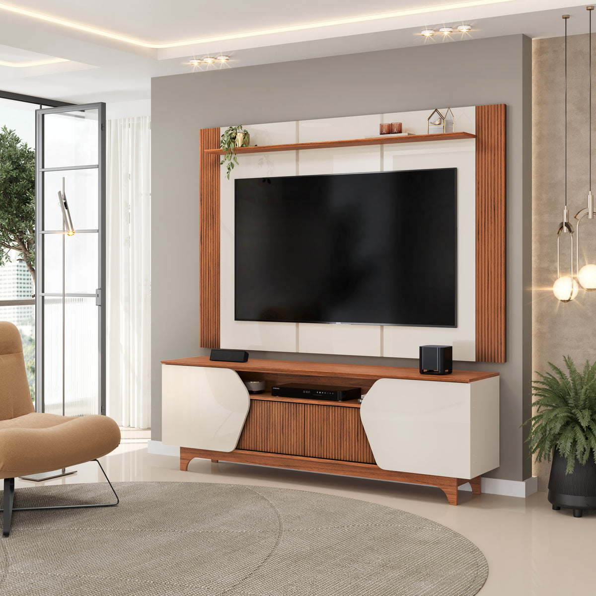 Bancada com Painel Helo 183 Off White.Freijo DJ Moveis