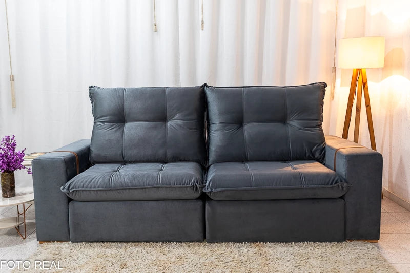 Sofá Retrátil Reclinável 2.50m Santiago Veludo Cinza 526 - Molas Ensacadas