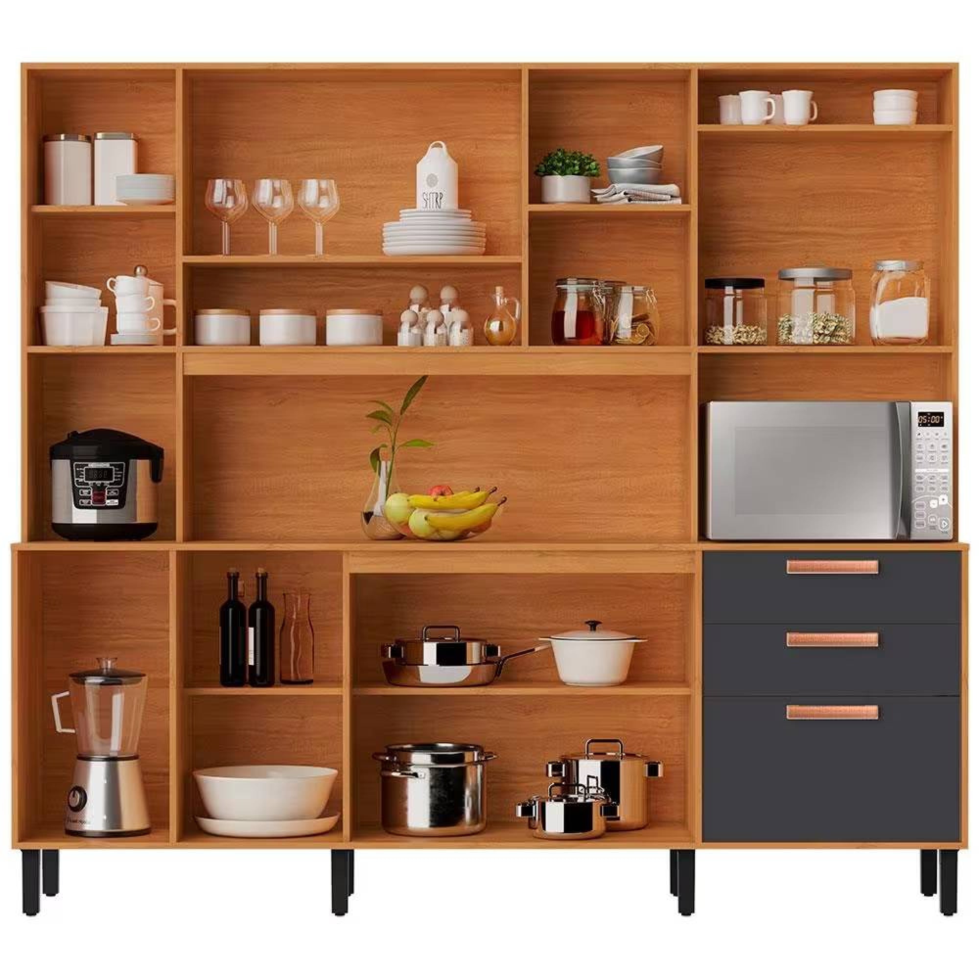 Kit Cozinha Compacta Napoles c/ 8 Portas 3 Gavetas 9 Prateleiras-Cinamomo/ Grafite - Móveis furniture