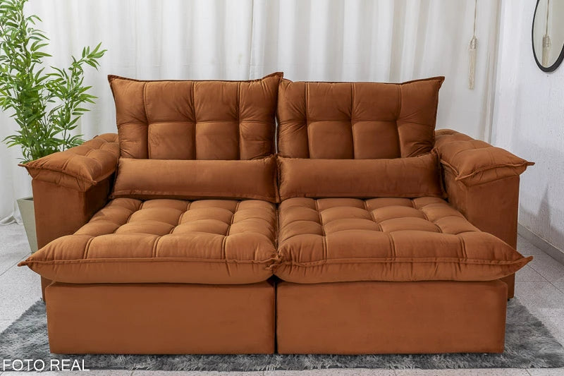 Sofá Retrátil Reclinável 2.30m Ipanema Veludo Terracota - Móveis furniture