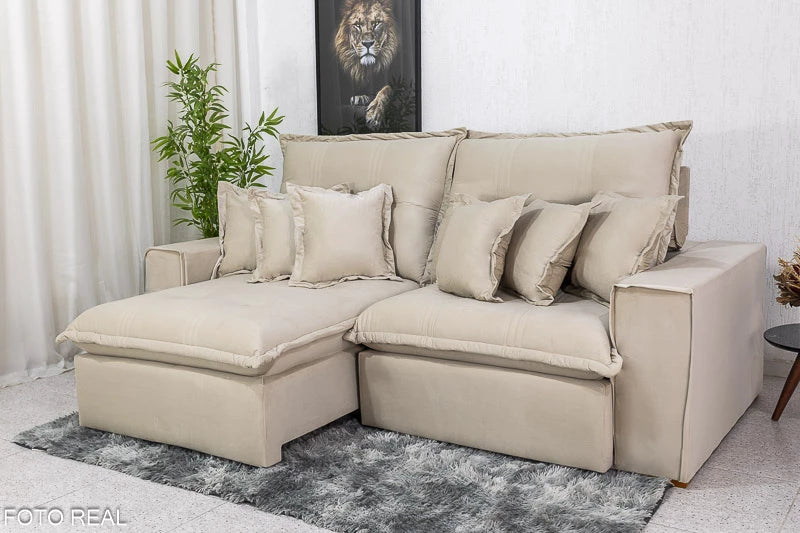 Sofá Retrátil Reclinável Ferrara 2.50m Veludo Bege 01 D33 e Molas Ensacadas - Móveis furniture
