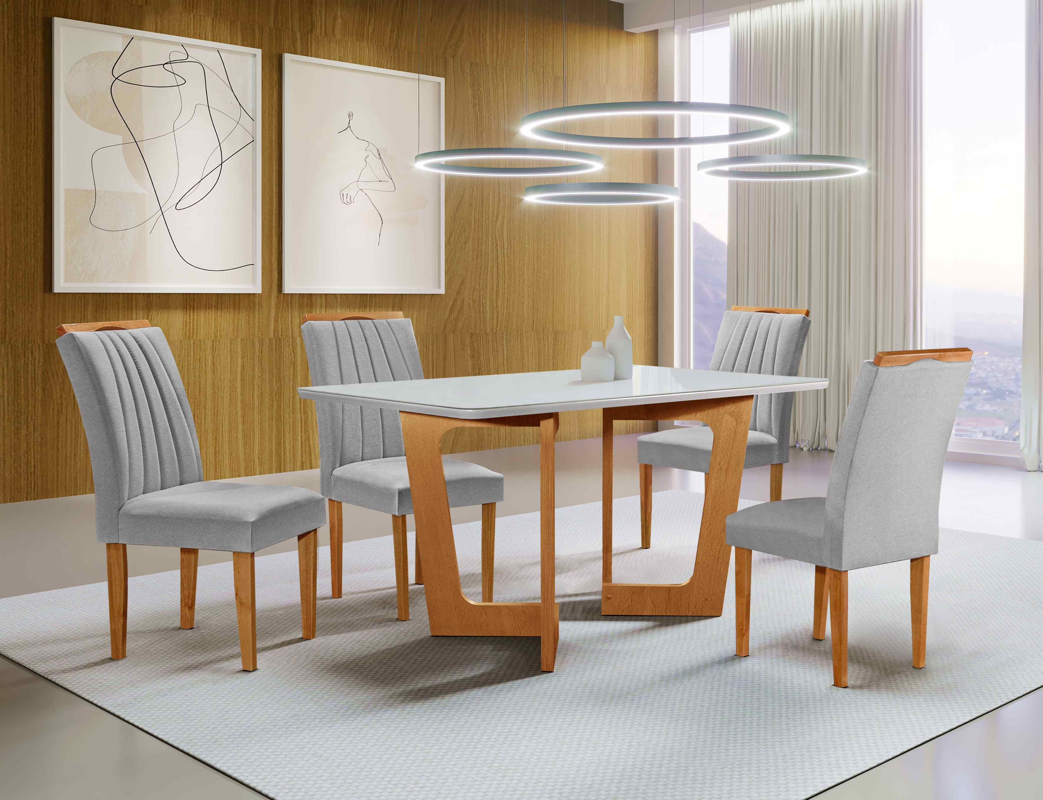 Conjunto Mesa Dubai 120x90 Tmp Smart MDF.Vdr Cinamomo.Off Whit com 4 Cds Marselha Tec 171 Veludo Grafite CEL Moveis - Móveis furniture